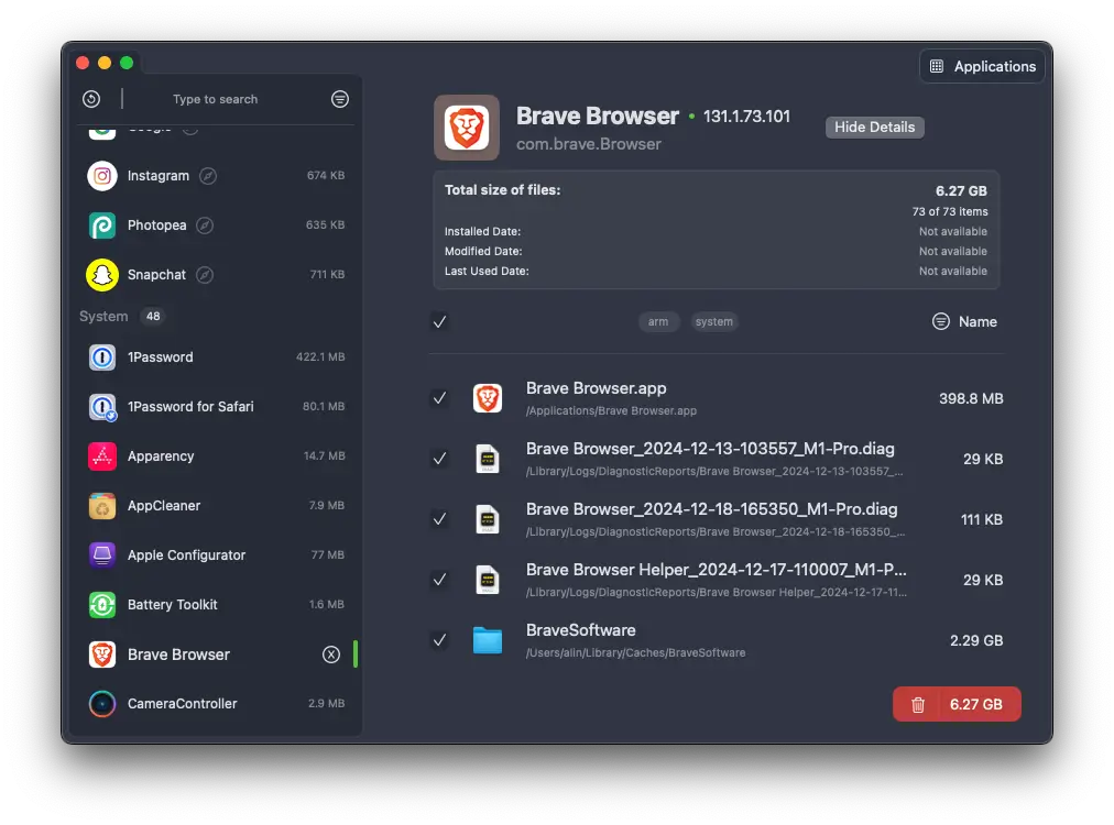 Pearcleaner - Free Mac App Cleaner user interface
